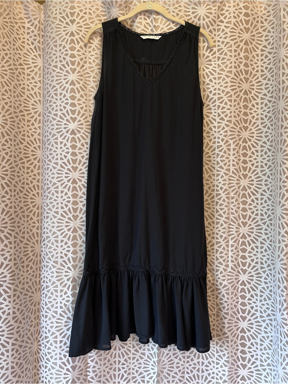 Trina Turk Black Linen Sleeveless Flounce Midi Dress Size Medium
